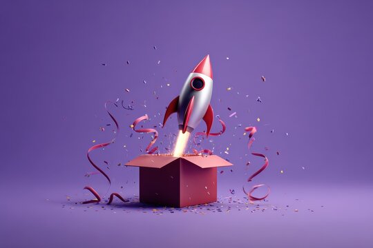 Rocket bursting from a gift box on a purple background, a playful science gift concept