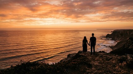 Fototapeta premium Golden hour light bathes a silhouetted couple standing on a cliff edge overlooking a vast ocean, warm amber and deep orange hues painting the sky and water, soft clouds