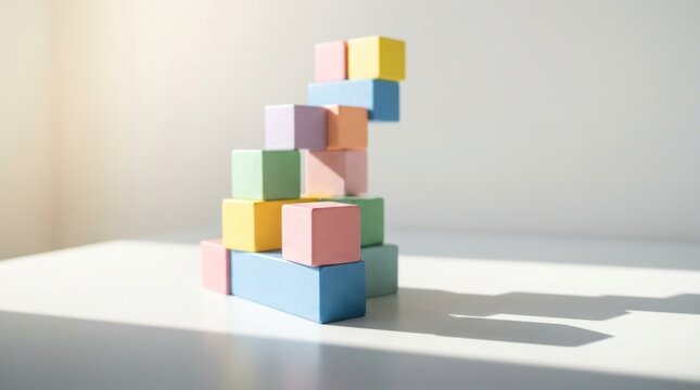 Colorful geometric blocks stacked in an impossible balance, each cube casting sharp shadows on clean white surface, soft pastel tones of pink, blue, yellow, and green,