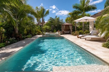 Obraz premium Sunny Florida pool with spa in tropical backyard setting