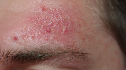 Fototapeta premium Close-up of Skin Irritation and Breakouts on a Forehead, Showing Red Bumps and Inflammation, Highlighting Skin Condition and Need for Care