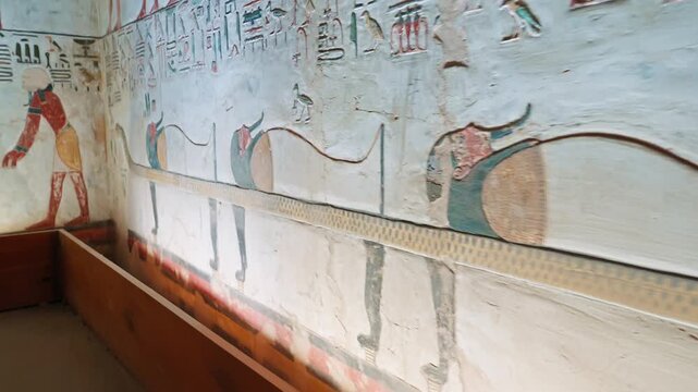 Interior view of the famous Seti the first tomb that is decorated with gods figures and hieroglyphs in the valley of Kings in Luxor in Egypt