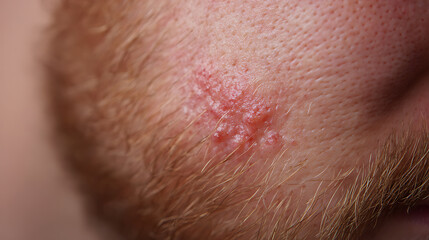 Fototapeta premium Close-up of facial skin with red inflamed rash and blisters on a man's cheek amidst stubble; medical and health concept background