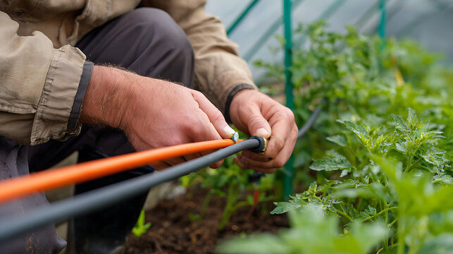Close-up of a farmer or gardener hands connect drip irrigation system tubes in a row of green plants inside a greenhouse or hothouse, focused on sustainable agriculture and efficient water use