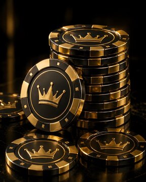 Luxury Black and Gold Casino Tokens with Crown Design on Dark Marble Background