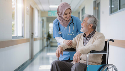Obraz premium Caring Muslim Nurse Assisting Elderly Man in Wheelchair in Hospital Hallway