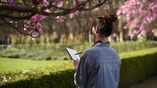 A woman stands in a park and draws in a sketchbook with a pencil. Pink magnolia blossoms on a branch are visible in the foreground.