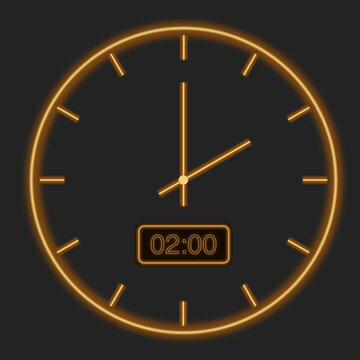 Two o&rsquo;clock on black, glowing analog clock vector banner.