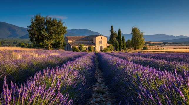 Provencal lavender field and rustic stone farmhouse at the edge of Plateau de Valensole in early July sun