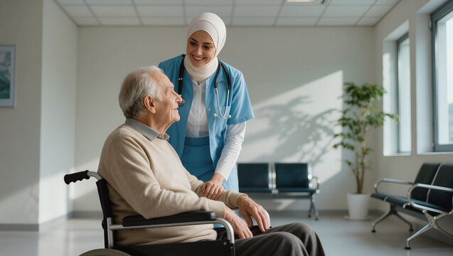 Caring Muslim Nurse Assisting Senior Man in Wheelchair in Hospital Corridor