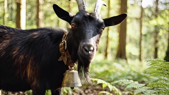 Black Goat with Bell Grazing in a Lush Forest.