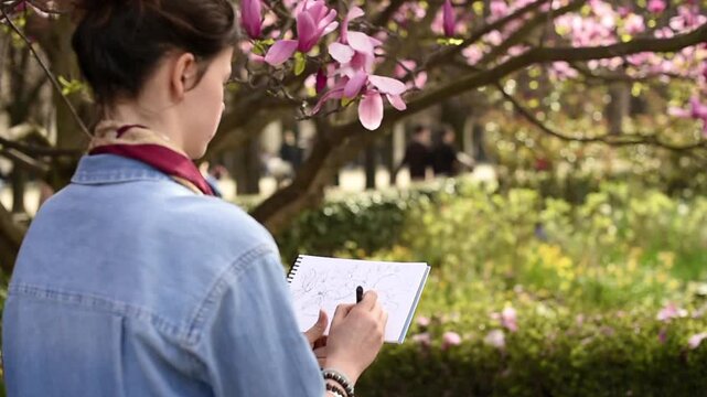 Over the shoulder view of a person drawing magnolia flowers in a sketchbook. A woman stands in a park with pink blooming trees in the background.