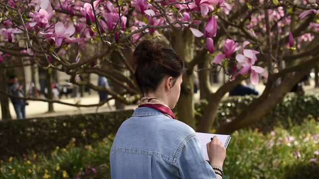 Over the shoulder view of a woman sketching in a notebook in a park. She is standing near a blooming pink magnolia tree.