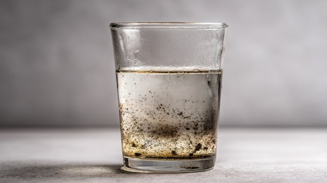 Photographic study: cloudy water with sediment in a glass, soft diffused light on a gray surface