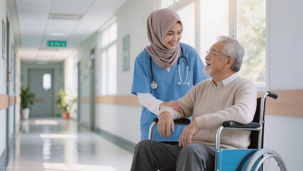 Obraz premium Caring Nurse Assisting Senior Patient in Wheelchair in Hospital Corridor