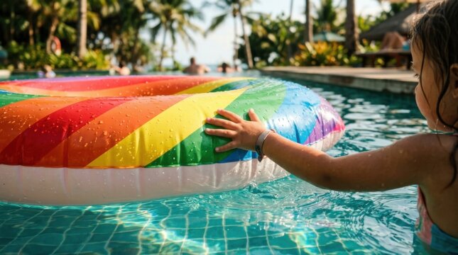 Child's hand reaching toward a large rainbow-striped inflatable donut float partially submerged in calm pool water, turquoise tiles visible beneath the surface, sunlight