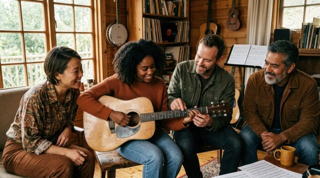 Diverse group of four people in a casual studio setting passing around an acoustic guitar, hands overlapping as one person guides another's finger placement on the