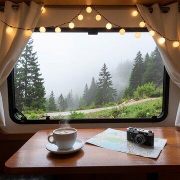 Int&eacute;rieur chaleureux d'un van am&eacute;nag&eacute; avec vue sur for&ecirc;t brumeuse et caf&eacute; chaud