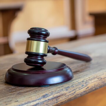 Marteau de juge en bois pos&eacute; sur une table de tribunal