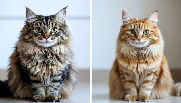 Deux chats Maine Coon majestueux, un brun tigr&eacute; et un roux, assis c&ocirc;te &agrave; c&ocirc;te