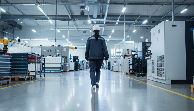 Femme ing&eacute;nieur portant un casque de s&eacute;curit&eacute; marchant dans une usine moderne