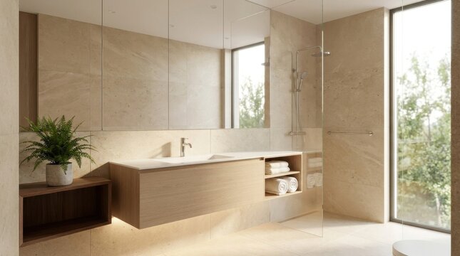 Sleek contemporary bathroom featuring a floating vanity with integrated sink, frameless mirror wall reflecting soft natural light from a large window, minimalist chrome