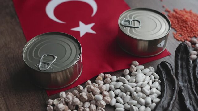 Legumes and Canned Foods on Turkish Flag Representing Food Prices
