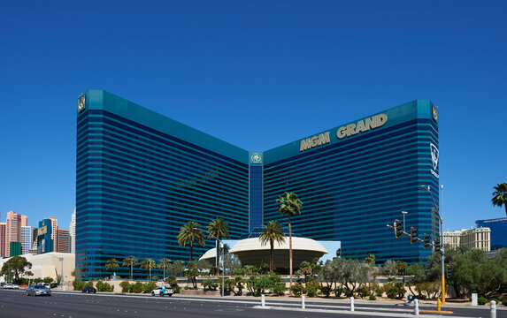Las Vegas, NV USA - 01 April 2026: MGM Grand hotel and casino in Las Vegas as seen from across Tropicana Boulevard on 01 April 2026.