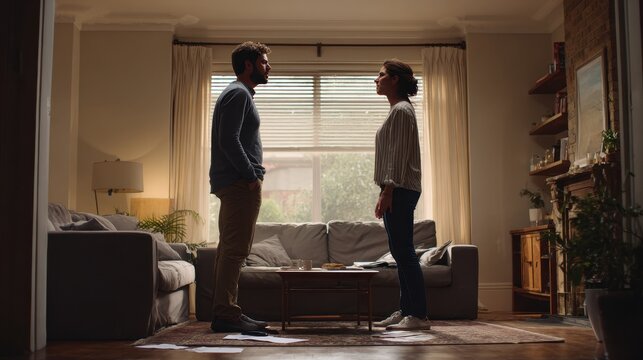 Tense argument at home: frustrated partners facing off in a modern living room