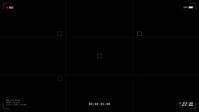 A blank digital screen captures a recording interface with timecode, reflecting preparation for filming