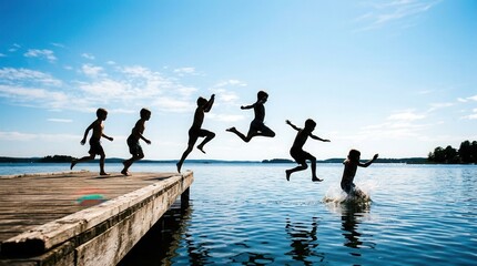Fototapeta premium Multiple silhouettes of children launching from a weathered pier in sequence, bodies arcing gracefully through bright sunlight, crystalline water reflecting clouds and