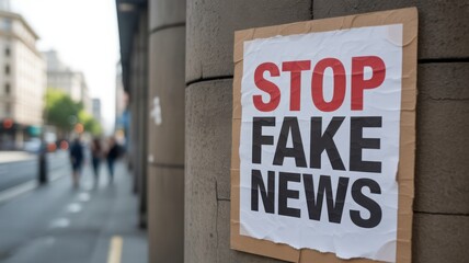 Naklejka premium 'Stop Fake News' sign on a stone building facade in an urban setting