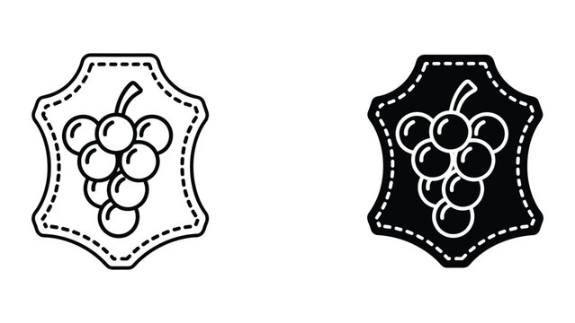 Black and white line art illustrations of a bunch of grapes on a shield shaped label with dashed border