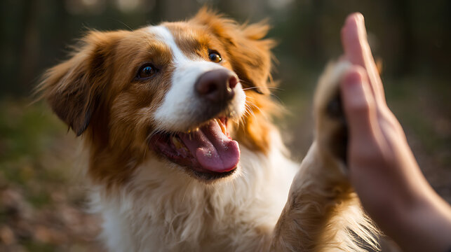 Happy high five with a cute, fluffy brown and white dog, showing trust, friendship, and positive connection in a natural outdoor setting