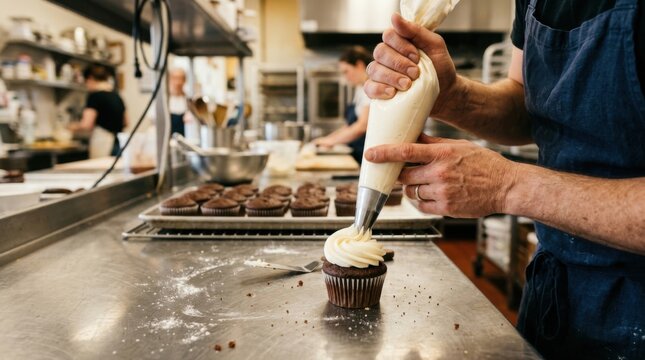Whimsical scene of a baker's hand piping buttercream frosting onto a chocolate cupcake in a professional kitchen, piping bag held at precise angle, frosting creating