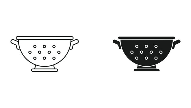 Black and white line icons of kitchen colander with handles