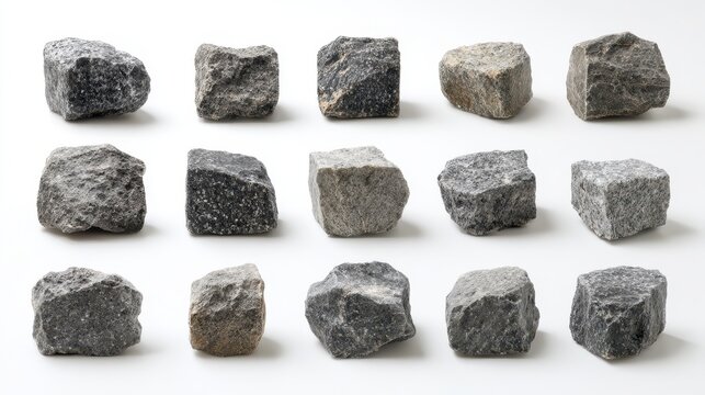 Isolated Granite Stone Cluster: Massive Gray Blocks on White Background