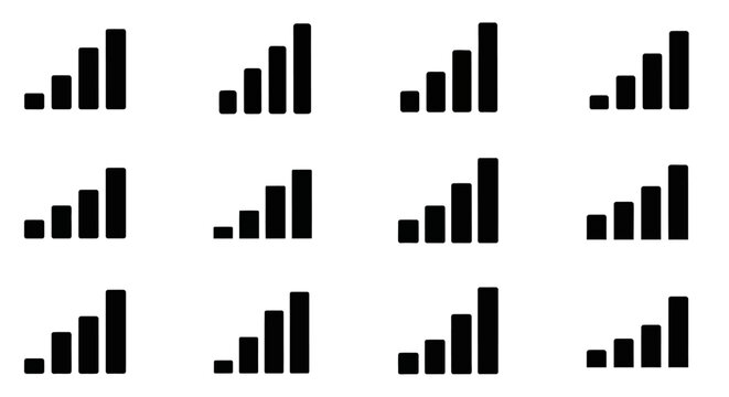 Black bar chart icons, vector graph symbols, business infographic elements, data visualization graphics