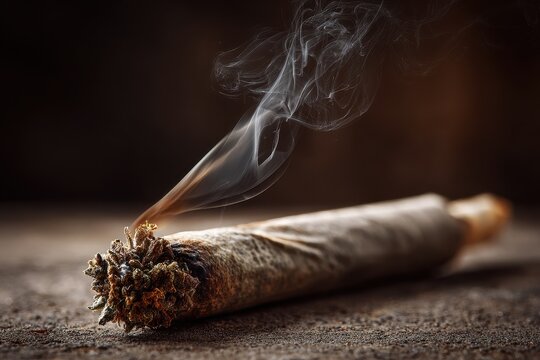 Macro close-up of a cannabis joint with curling smoke in warm light