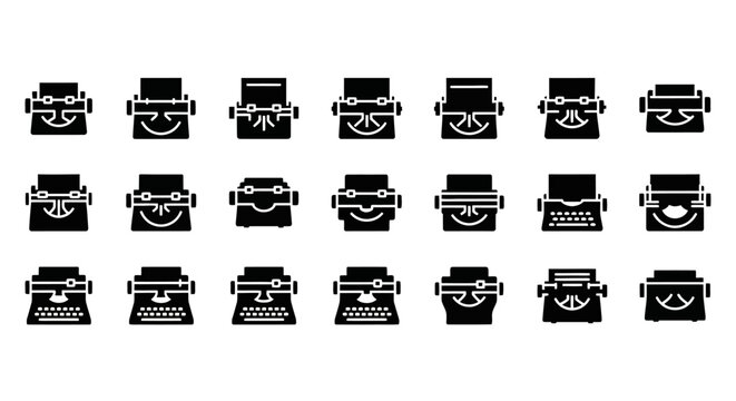 Vintage Typewriter Icons, Black and White Vector Graphics, Typographic Symbols, 20 Retro Keyboard Illustrations