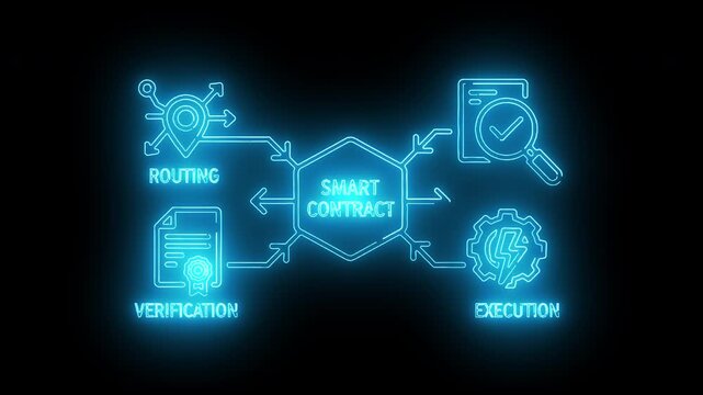 Neon-lit flowchart illustrating a smart contract process with routing, verification, and execution on a black background.
