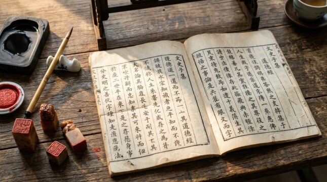 Overhead view of an open book displaying columns of black characters on cream-colored pages, wooden desk surface surrounding it with scattered red seal stamps and ink
