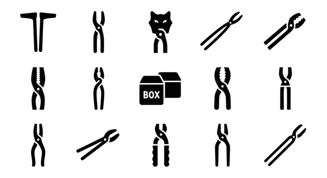 Black toolbox icons, tool set vector graphics, 16 silhouette symbols, industrial equipment illustrations, DIY and repair tools