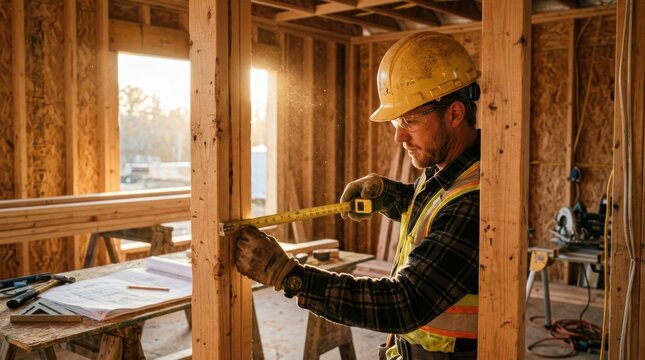 Construction worker in safety helmet measuring wooden wall frame with metal tape, morning sunlight streaming through open building shell, dust particles visible in golden