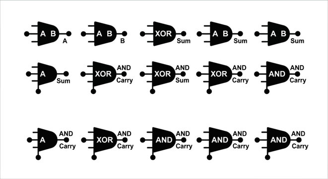 Digital circuit icons, logic gate symbols, electronic components, 16 boolean operator graphics, black and white vector set