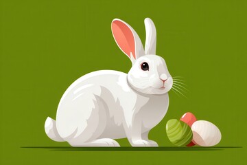 Fototapeta premium White Easter bunny with colored eggs on green background, vector illustration for spring celebrations