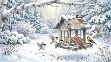 Naklejka premium Winter bird feeder surrounded by snowy branches and hanging icicles, chickadees and finches gathered for seeds, frost patterns decorating wooden structure, scattered