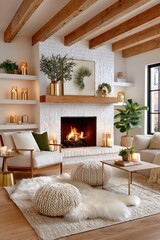 Naklejka premium Cozy living room with white fireplace decorated for Christmas with candles, greenery and knit poufs