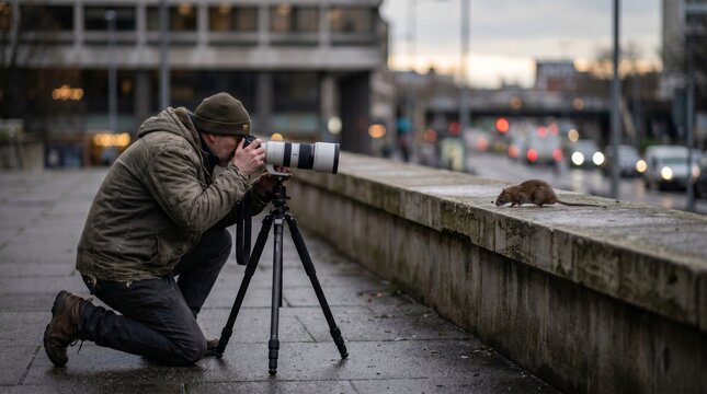 Male photographer crouches on pavement with camera and tripod, capturing images of a rat near a stone wall in an urban environment with blurred traffic in the background