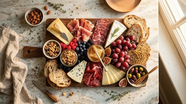 Overhead flat lay of an artisan charcuterie board featuring cured meats, aged cheeses, fresh berries, crusty bread slices, and honeycomb arranged on a marble surface,